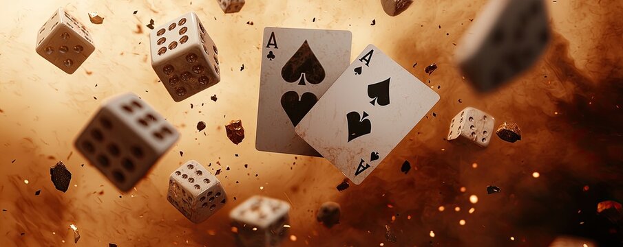 A dramatic scene featuring playing cards and dice floating in a smoky, explosive background.