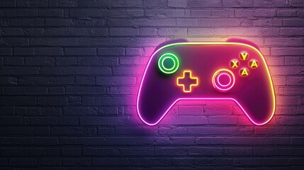 A neon-lit game controller against a dark brick wall, showcasing vibrant colors and a modern gaming aesthetic.