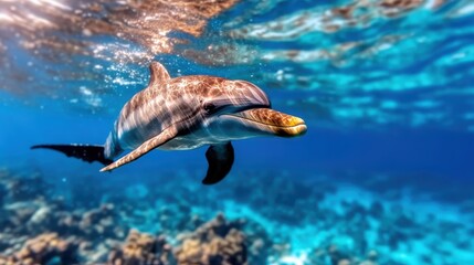 Obraz premium A curious dolphin swims near a vibrant coral reef, illuminated by sunlight filtering through crystal-clear water, showcasing marine life and ocean beauty.