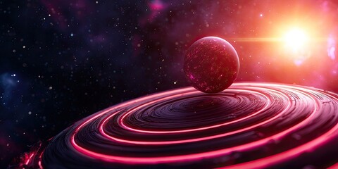 Obraz premium A cosmic scene featuring a vibrant planet hovering above swirling rings, illuminated by a radiant star in the backdrop of a colorful nebula.