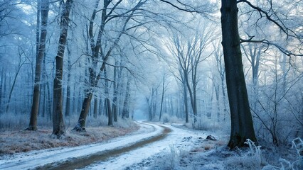 Winter forest with blue ice and frost-covered branches, icy atmosphere, frost, winter forest