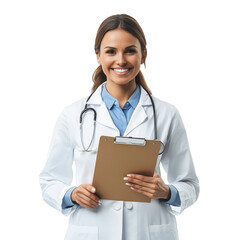 Smiling female doctor holding clipboard isolate on transparent background PNG