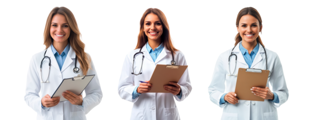 Set of smiling female doctor holding clipboard isolate on transparent background PNG