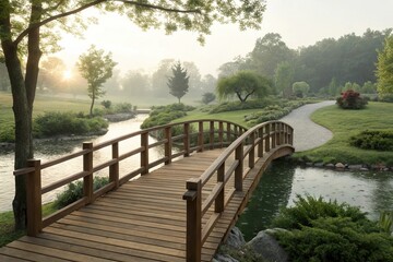 Wooden walkway bridge crossing over a meandering river to a peaceful and serene garden, wooden walkway, bridge