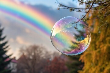 3D soap bubble on a colorful rainbow background with 3D modeling and subtle texture, soap bubbles, colorful backgrounds, subtle textures, 3d modeling