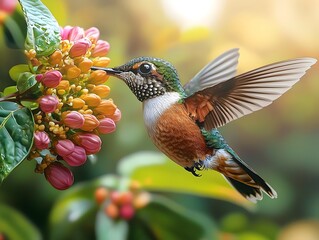 Fototapeta premium A vibrant hummingbird with iridescent feathers hovers beside blooming flowers, showcasing its beauty in a sunlit garden, with hues of green, orange, and pink creating a lively atmosphere.