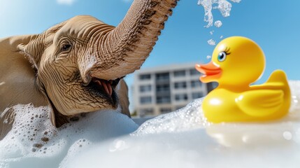 The image features a lively elephant spraying bubbles towards a rubber duck amidst a playful scene, embodying joy and the simple pleasures of life and nature.