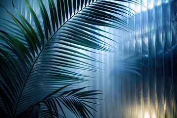 Green palm with reeded glass. Ribbed Background. Plant leaves. White Reeded Glass. Minimalist vanity background with frosted texture for spa aesthetic. Minimal wood wall with sunny tree decoration.
