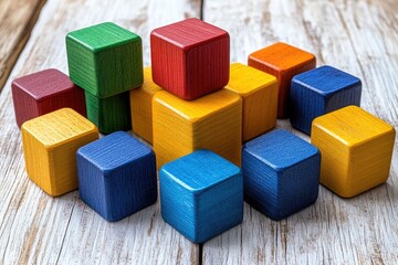 Obraz premium Colorful wooden blocks stacked on wood. A colorful and creative image for design projects, illustrating teamwork and collaboration.
