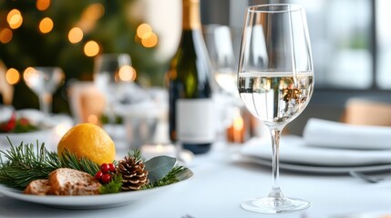 Naklejka premium A cozy holiday table arrangement featuring a clear wine glass, pine cones, a citrus fruit, paired with greenery and soft, warm lighting in the background.