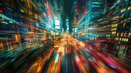 Fototapeta premium A vibrant cityscape at night, showcasing light trails from vehicles in a bustling urban environment.