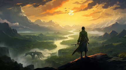Fototapeta premium Lone adventurer stands overlooking a mystical valley with rivers and waterfalls at sunrise 