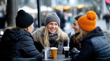 Four friends in cozy winter hats engage in joyful conversation at an outdoor café, basking in warmth and companionship amid the brisk urban backdrop. Happiness all around.