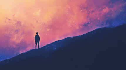 Fototapeta premium Painting style illustration, a man standing at the edge of universe with galaxy celestial landscape. Galactic Horizon Edge. Illustration