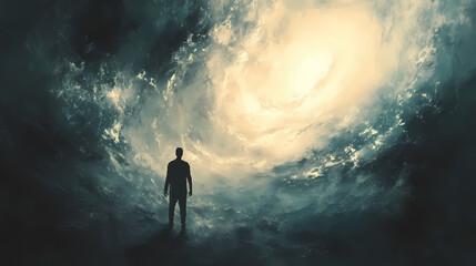 Obraz premium Painting style illustration, a man standing at the edge of universe with galaxy celestial landscape. Galactic Horizon Edge. Illustration