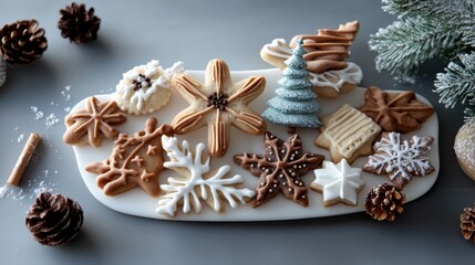 A delightful platter of assorted holiday cookies is arranged beautifully amidst pinecones and greenery, celebrating the festive spirit and culinary artistry of the season.