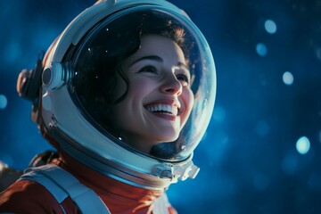 A woman in a space suit is smiling and looking up at the sky