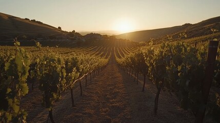 Fototapeta premium Expansive Vineyard Landscape at Sunset with Golden Light Illuminating Rows of Grape Vines in Rolling Hills Under a Clear Sky