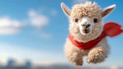 A charming llama wearing a red cape displays elegance as it gently floats through a serene sky, creating a whimsical moment against a soft-focus city backdrop.
