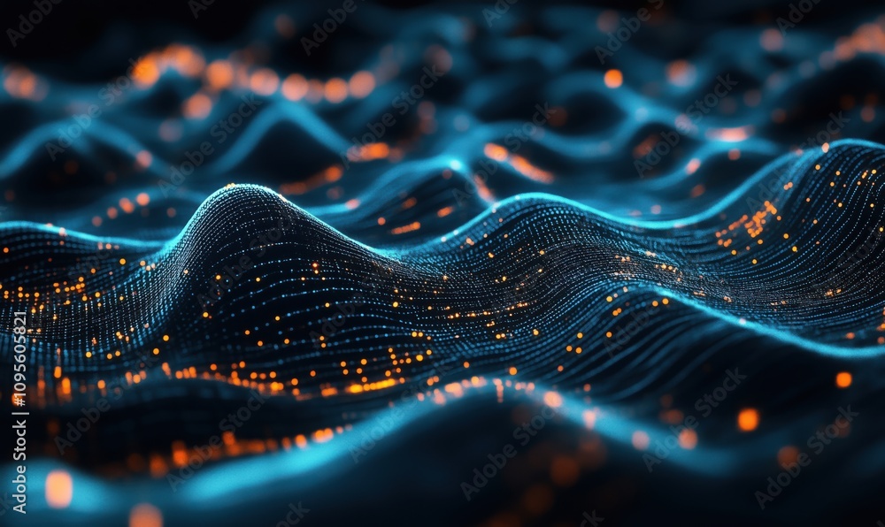Poster digital wave patterns with glowing particles, abstract representation of data flow, vibrant blue and