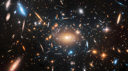 Fototapeta premium A vast cosmic web with galaxies connected by glowing filaments of dark matter. Galactic Horizon Edge. Illustration