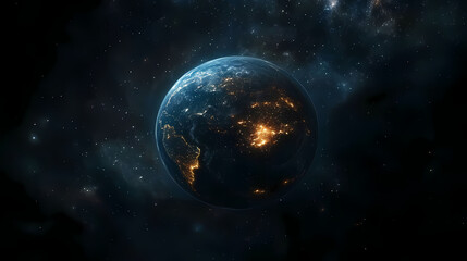 Naklejka premium A mesmerizing high-resolution view of earth from space at night showing lit-up cities and continents against the dark void of space. Galactic Horizon Edge. Illustration
