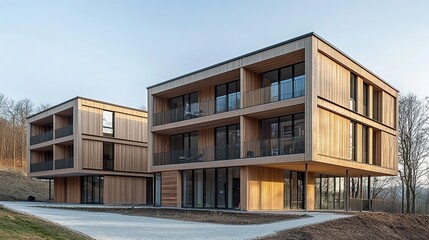 Modern Wooden Apartment Complex nestled in nature's embrace, showcasing contemporary architecture and sustainable design.