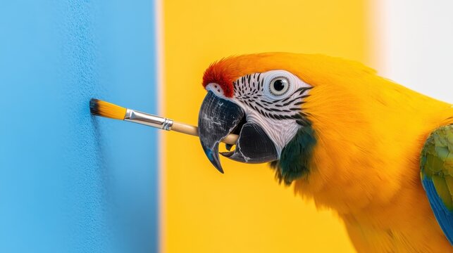 A colorful parrot holds a paintbrush, rendering vivid blue and yellow strokes on a wall, demonstrating a lively interaction of color and creativity in home decor.