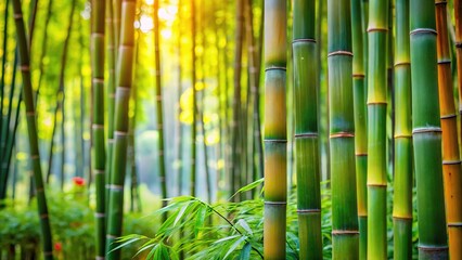 Fototapeta premium Deep-focused bamboo garden, vibrant green, beautiful detail.