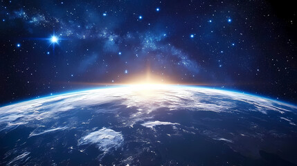 A breathtaking view of earth's sky from space, the blue atmosphere curving along the planet's edge with the stars above. Galactic Horizon Edge. Illustration
