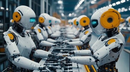 Fototapeta premium A scene in a factory where robots, powered by AI, are assembling parts with extreme precision.