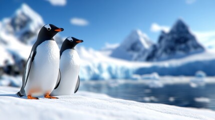 Fototapeta premium Two penguins stand side by side against the backdrop of a vast icy wilderness, embodying companionship and contemplation in the serene Antarctic atmosphere.