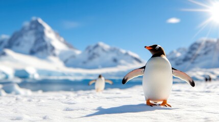 Obraz premium A single penguin stands alone in a vast, tranquil snowy landscape, soaking up the radiant sunlight, evoking themes of solitude and peacefulness, with a distant seascape.