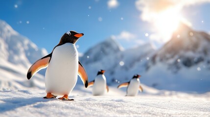 Fototapeta premium A penguin takes the lead, guiding two others across the bright, sunlit snowscape beneath towering mountains, symbolizing leadership and exploration in harsh climates.