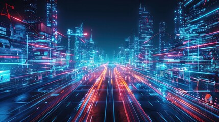 A futuristic cityscape with neon lights and dynamic motion effects.