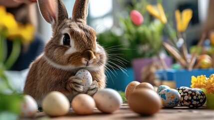 In a beautifully decorated spring scene, a rabbit sits among intricately painted Easter eggs, showcasing a sense of artistry and seasonal festivity.