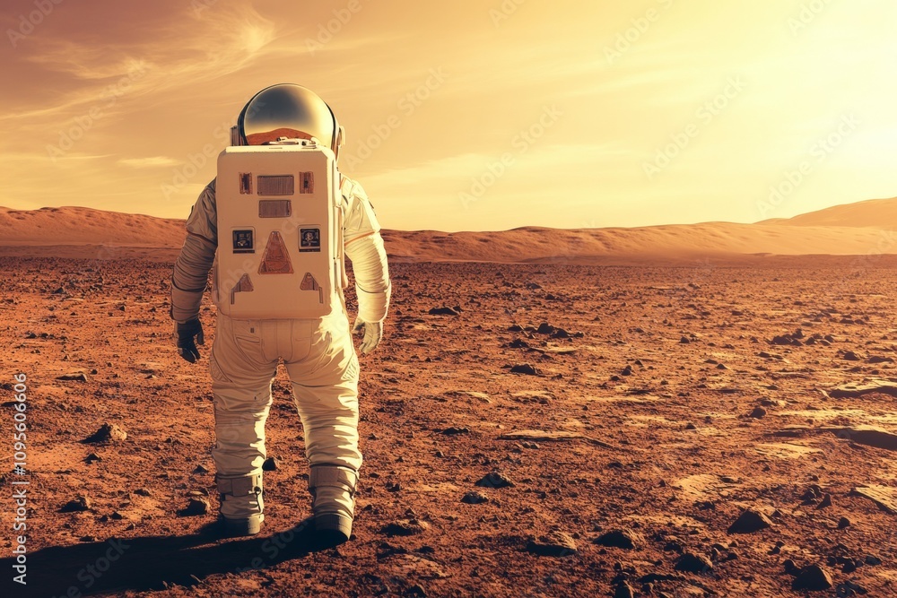 Poster a man in a spacesuit stands in a desert