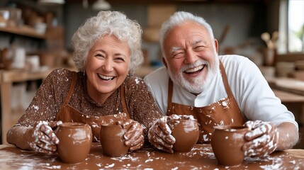 A man and a woman in aprons making clay pots on a table