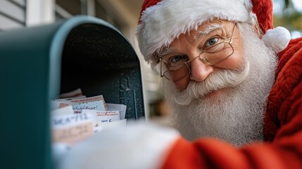 A smiling Santa Claus looks at festive mail in a decorative mailbox while snow gently falls, suggesting the anticipation and excitement of the holiday season.