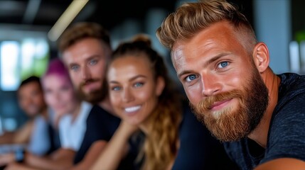 Obraz premium A group of people sitting at a table smiling at the camera