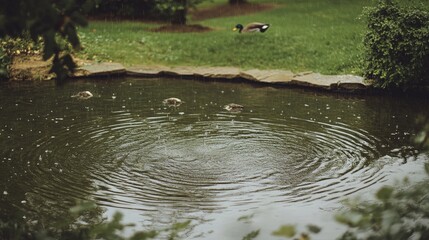 Naklejka premium A small pond in a park, with raindrops creating patterns on the water and ducks swimming in the distance.