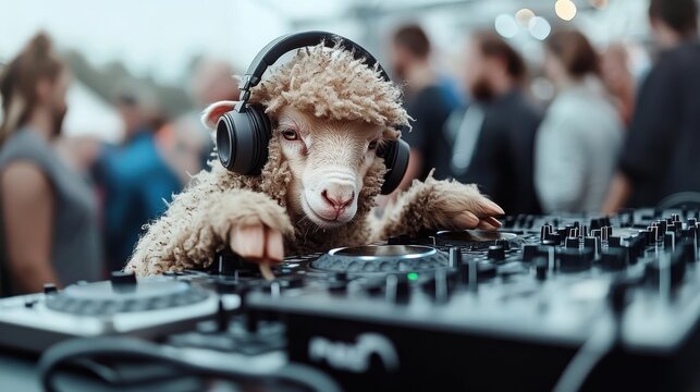 An adorable lamb confidently takes control of digital turntables, impressing the audience with its playful and unexpected mastery of music performance.