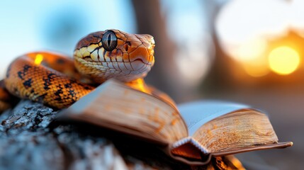 A captivating scene featuring a snake wrapped around an open book under the warm glow of a setting sun, nestled on a tree, creating an inviting, peaceful ambiance.