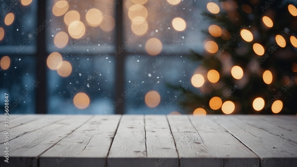 Wall mural rustic wood board mockup surface with snow view through windows and christmas tree with gold bokeh l