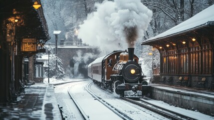 A snow-covered train station with steam rising from an old locomotive, creating a nostalgic winter atmosphere.