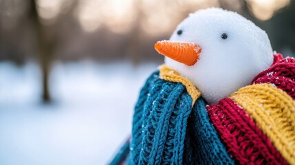 A snowman bundled up in red and blue knit scarves gazes calmly into the snowy forest, capturing winter's tranquility and the warmth of handmade crafts.