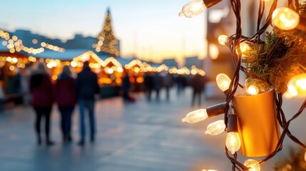 A bustling holiday market scene shows string lights illuminating the walkway, with visitors enjoying the festive atmosphere under a soft evening sky.