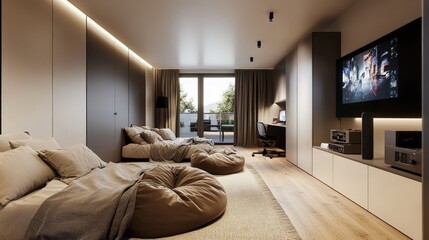 Obraz premium Cozy Gaming Room with Warm Lighting and Bean Bags