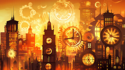 An intricate steampunk cityscape with towering buildings, gears, and large clock faces, bathed in warm, golden light. steampunk cityscape. illustration. Mechanical Clock Tower. Illustration
