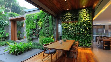 Fototapeta premium A modern dining area with a lush vertical garden and wooden decor.